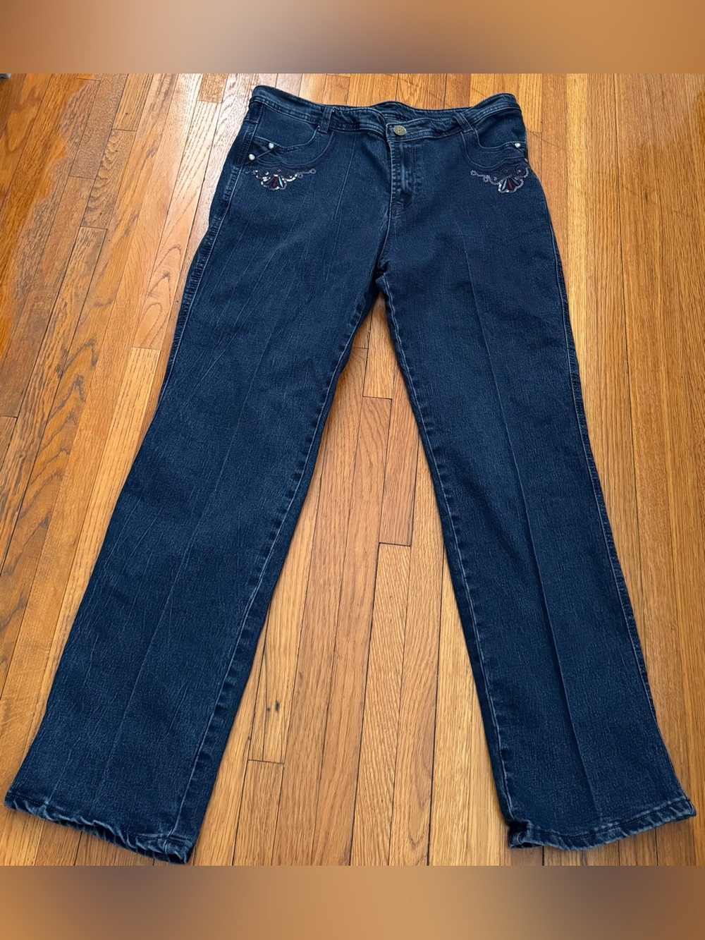 Dark Blue Straight-Leg Jeans with embroidery, embellishment, size 35 plus boho